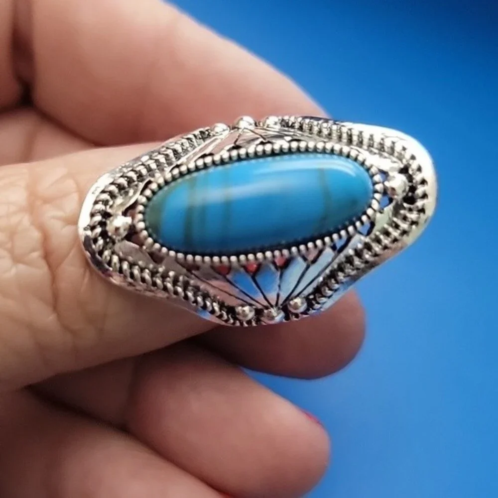 Southwestern Textured Blue silver Long Oval Ring size 7 Bohemian *